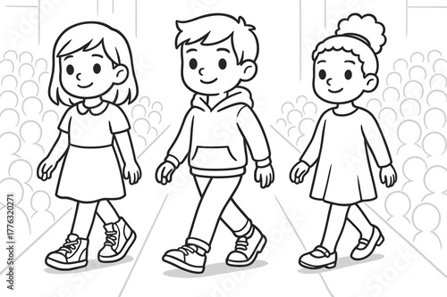 Kids' Fashion Runway. Fashion runway shoes children?s coloring book illustration, outlined drawing, models