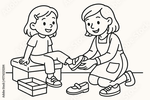 Shoe Fitting Fun. Shoe fitting children?s coloring book illustration, outlined drawing, child trying on shoes