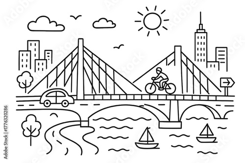 Modern City Bridge Icons. Modern city bridge. Hand-drawn doodle illustration bridge structure, cables, cyclist, river waves, skyline, building, tower, tree,