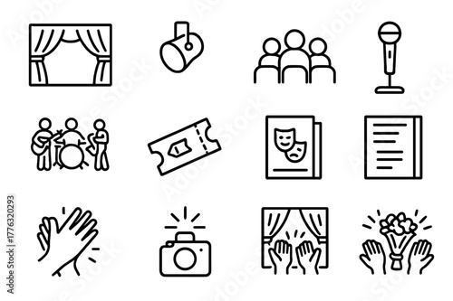 Performance Night Icons. Performance Night. Line icon set of Performance Night: red curtain, spotlight, audience seats, stage mic, live band, ticket, playbill,
