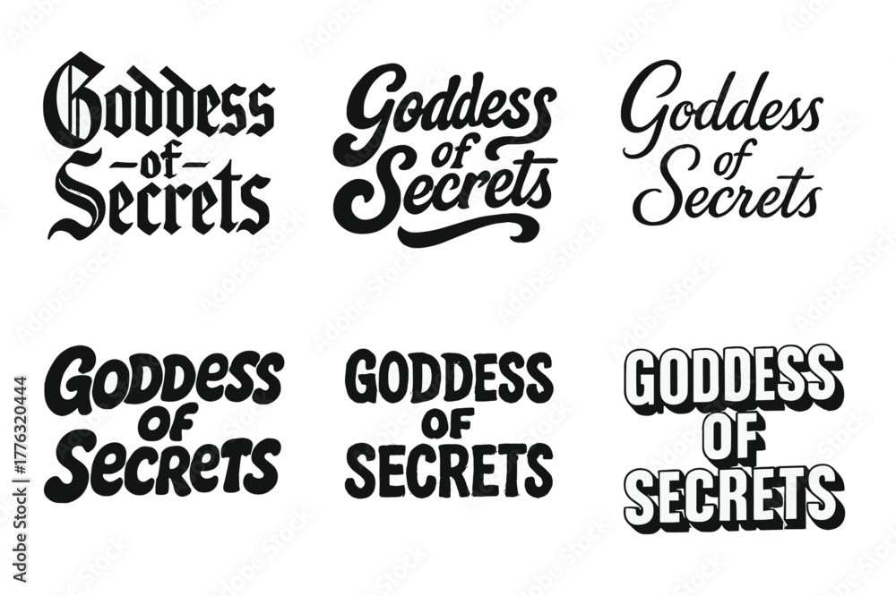 Fototapeta premium Goddess Lettering Variations. Goddess of Secrets. Set lettering. harmonious lettering variations of the same emblematic concept (Gothic-inspired decorative