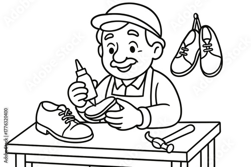 Cobbler's Coloring Page. Shoe maker children?s coloring book illustration, outlined drawing, friendly cobbler
