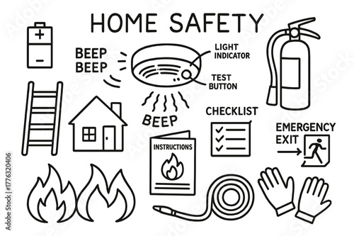 Home Safety Icons. Home Safety. Hand-drawn doodle illustration Home Safety smoke detector, ceiling, alarm sound, battery, fire extinguisher, ladder, test