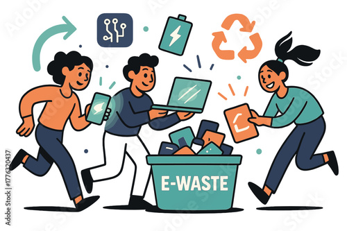Dynamic E-Waste Recycling. E-waste collection. Glowing electronic devices being sorted into bins, abstract