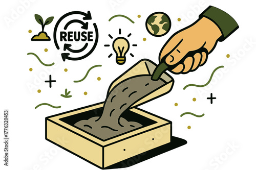 Concrete Recycle Innovation. Recycled concrete innovation. A hand pours gray mix into a mold while small arrows loop ?reuse.? Micro symbols of sustainability