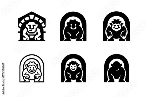 Fairy-Tale Creature Logos. fairy-tale creatures. Set Logo of fairy-tale creatures: Troll under bridge arch. Icon set. harmonious logo variations of the same