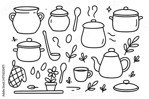 Kitchen Pot Doodles. Pots. Hand-drawn doodle illustration pots clay pot, ceramic jar, cooking pot, saucepan, teapot, lid, ladle, steam lines, spoon, cup,