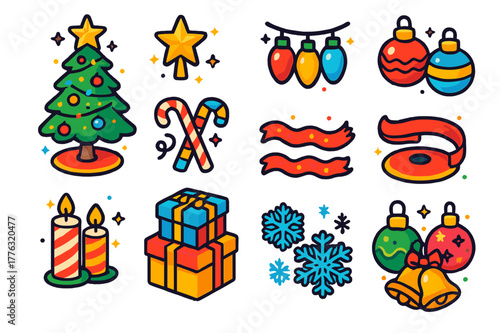 Colorful Christmas Icons. Christmas celebration. Colorful isometric vector icons set of Christmas celebration: Christmas tree, star topper, lights, baubles,