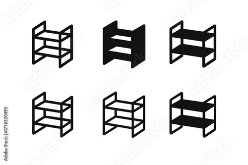 Customizable Storage Logos. Customizable home storage solutions. Icon set. Set Logo of customizable home storage solutions: wall-mounted shelving system.