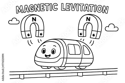 Magnet Adventure Coloring. Magnetic levitation children?s coloring book illustration, outlined drawing,