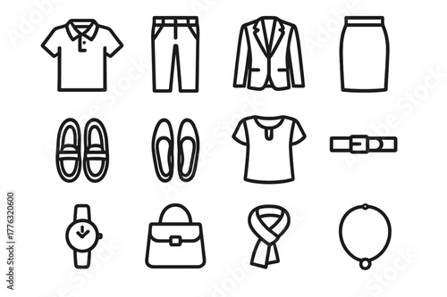 Business Casual Icons. Business casual. Line outline icon set of business casual: polo shirt, chinos, blazer,