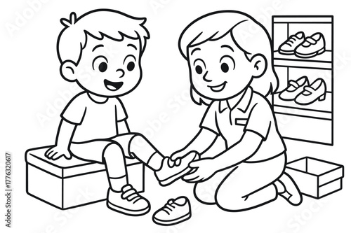 Shoe Fitting Fun. Shoe fitting children?s coloring book illustration, outlined drawing, child trying on shoes