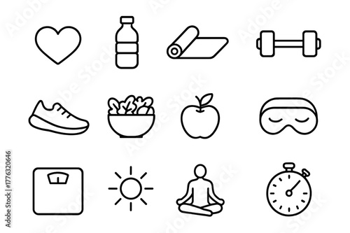 Healthy Living Icons. Healthy lifestyle. Line outline icon set of wellness symbols: heart, water bottle, yoga
