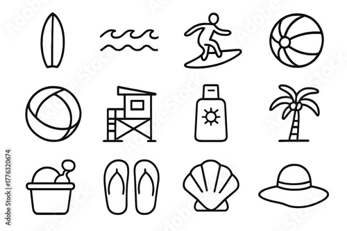 Beach Lifestyle Icons. Beach lifestyle. Line icon set of beach lifestyle: surfboard, waves, surfer, volleyball, beach ball, lifeguard tower, sunscreen bottle,
