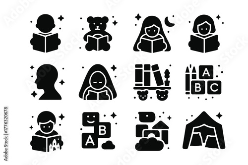 Children Reading Icons. Children Reading. Solid icons set of Children Reading: storybook, teddy bear, stars, moon, child silhouette, blanket, bookshelf,