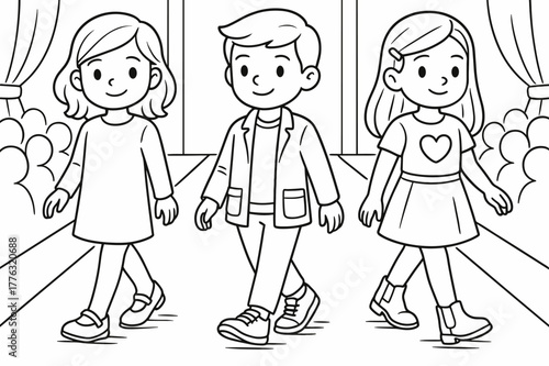 Kids' Fashion Coloring Page. Fashion runway shoes children?s coloring book illustration, outlined drawing,