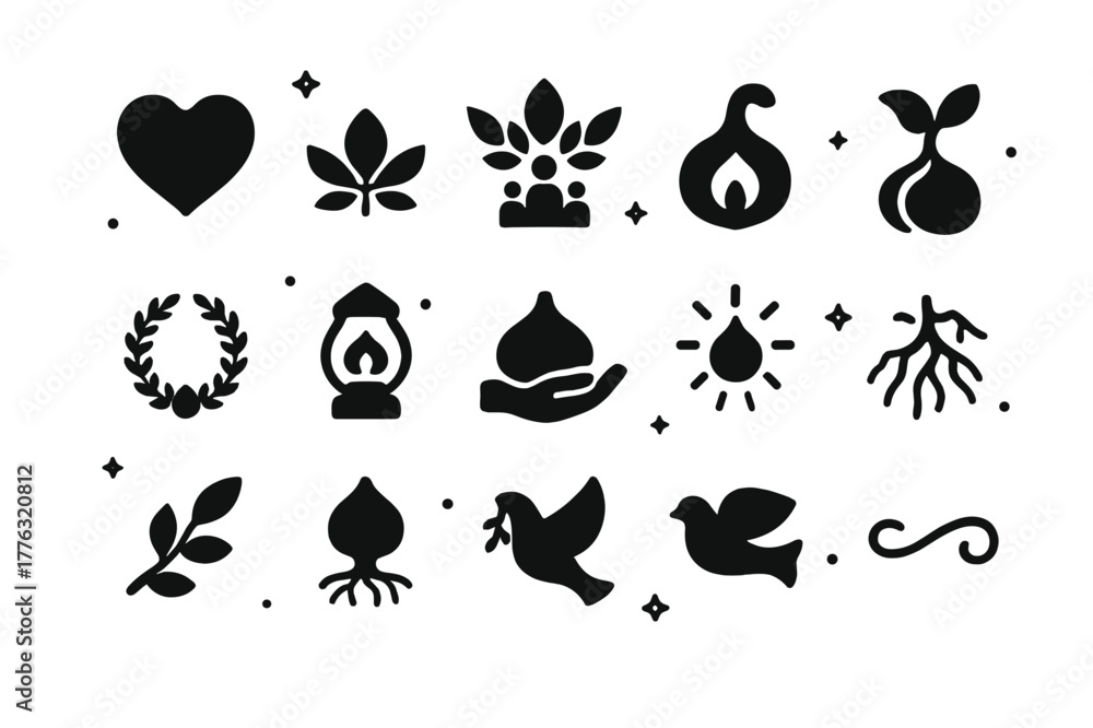 Obraz premium Chestnut Icon Set. Chestnut Symbolism. Solid icons set of Chestnut Symbolism: heart nut, leaf crown, family tree, sprouting nut, circle wreath, lantern light,