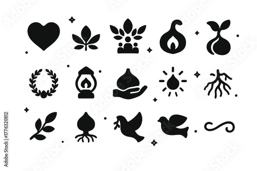 Chestnut Icon Set. Chestnut Symbolism. Solid icons set of Chestnut Symbolism: heart nut, leaf crown, family tree, sprouting nut, circle wreath, lantern light,