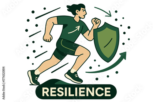 Dynamic Immune Shield. Exercise ? Immune Strength. Abstract shield forms around a runner; tiny dots bounce away symbolizing defense. Label ?resilience? glows
