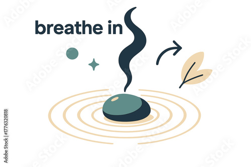 Pebble Meditation Focus. Pebble ? Meditation Focus. A single pebble rests at the center of soft sand spirals; incense smoke curves upward. Caption ?breathe