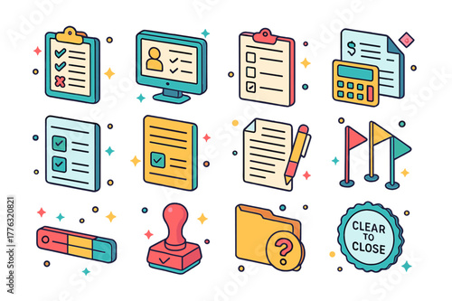 Underwriting Icon Set. underwriting and approval. Colorful isometric vector icons set of underwriting and approval: underwriter checklist, automated