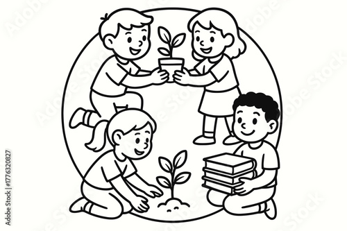 Community Care Coloring. Mutual care community children?s coloring book illustration, outlined drawing, circle of people helping each other with plants and