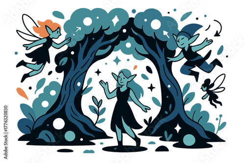 Mystic Forest Portal. Mystic clearing. Glowing ancient trees forming a natural archway, magical creatures like