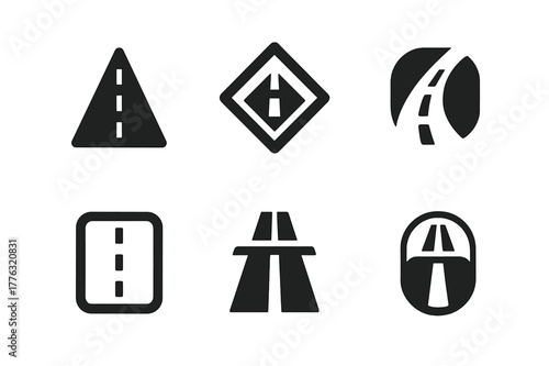 Traffic Marking Icons. Traffic Rule Infographic. Set Logo of Road Markings: Filled silhouette, Abstract geometric, Negative space, Flat solid, Symmetrical