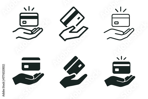 Debt Relief Icons. Paying off debts and credit obligations. Set Logo of credit relief: hand releasing credit card. Icon set. harmonious logo variations of the