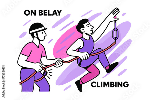Dynamic Climbing Moment. Belay & Clip Under Pressure. Belayer feeds rope, device hums; above, a climber reaches past a quickdraw with laser focus. ?On belay /