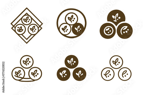 Catering Logo Variations. Private chef and catering services. Set Logo of tasting menu: trio of small plates with garnish. Icon set. harmonious logo variations