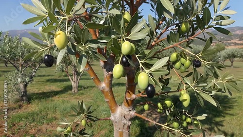 Vibrant Harvest of Dark Ripe Olives Ripening Under the Bright Sunlight on Healthy Trees Within a Picturesque Agricultural Orchard