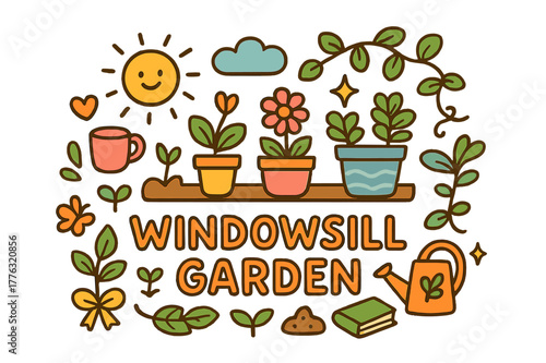 Windowsill Garden Doodle. Windowsill garden. Hand-drawn doodle illustration of windowsill garden. Potted
