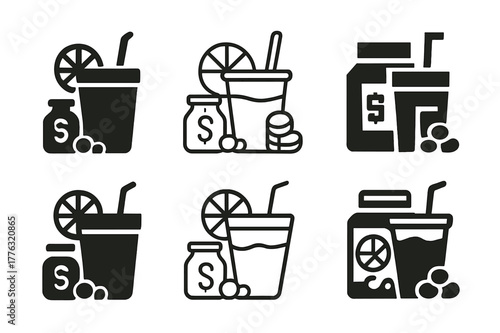 Creative Lemonade Stand Logos. Lemonade stand decor and ideas for kids. Set Logo of lemonade stand decor and ideas for kids: tip jar with coins beside cup.