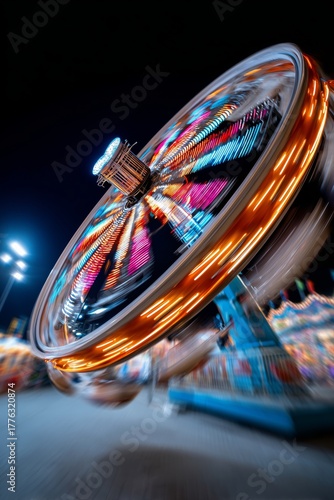 Colorful spinning amusement ride captured at night with long exposure, glowing lights in motion blur against dark sky, concept of thrill, speed and surreal experience