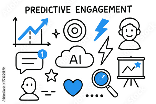 Predictive Engagement Icons. // Predictive engagement. Hand-drawn doodle illustration Predictive engagement [graph forecast (accented), target (accented),