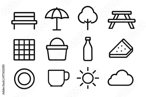 Recreational Spot Icons. Recreational spot. Line outline icon set of recreational spot: bench, umbrella, tree,