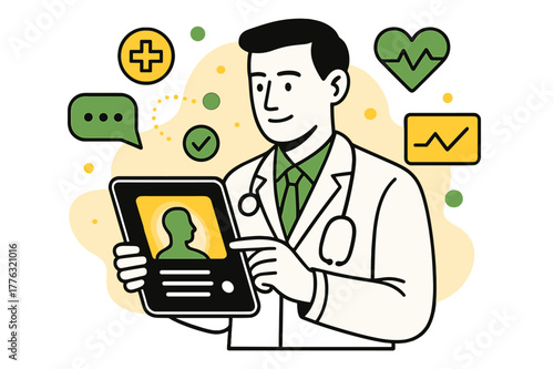 Telemedicine Consultation Artistry. Telemedicine setup. Doctor holding a tablet with glowing patient info