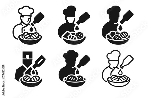 Balsamic Drizzle Logos. A chef adding a drizzle of balsamic glaze over a dish of grilled vegetables. Set Logo of A chef adding a drizzle of balsamic glaze over