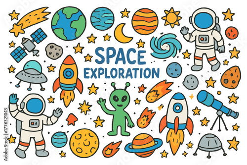 Space Exploration Doodles. Space Exploration. Colorful Hand-drawn doodle Children illustration Space Exploration, planets, stars, rockets, astronauts, aliens,
