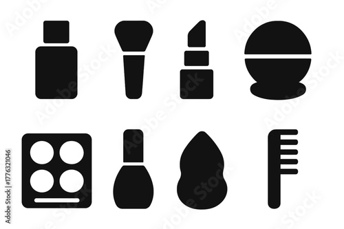 Cosmetics Tool Icons. Cosmetics and tools. Filled icon set of cosmetics and tools: foundation bottle, brush,