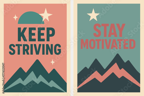 Retro Motivational Banners. Keep striving. Two vertical A6 banners with safe margins, centered composition, no elements touching edges, retro, pink and teal,