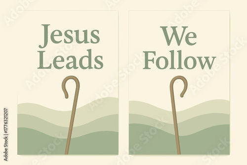 Shepherd's Way Posters. Shepherd?s Way. Two vertical A6 banners with safe margins, centered composition, no elements touching edges, pastel, sage and cream,