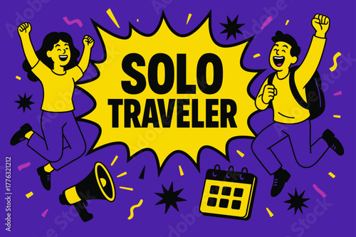 Solo Traveler Excitement. Solo Traveler banner, flat vector illustration, bold oversized text inside comic burst banner, cartoon characters jumping and