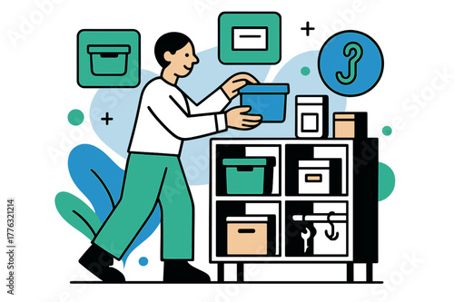 Modular Storage Efficiency. Multi-purpose storage. A person placing items into modular shelving units with