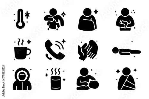 Hypothermia Aid Icons. Hypothermia first aid. Solid icons set of Hypothermia first aid: thermometer low reading, remove wet clothes, dry blanket, warm pack