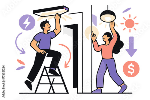 LED Lighting Transformation. LED lighting retrofit. Glowing energy-efficient lights being installed in rooms,