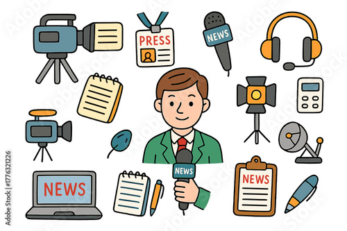 Journalism Doodle Icons. journalism coverage. Colorful Hand-drawn doodle Children illustration journalism coverage reporter, camera, microphone, tripod,