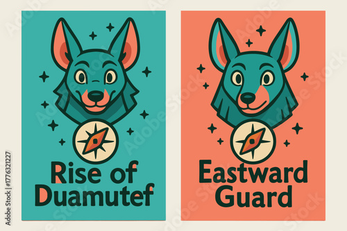 Eastward Jackal Banners. East Watcher. Two vertical A6 banners with safe margins, centered composition, no elements touching edges, cartoon, turquoise and