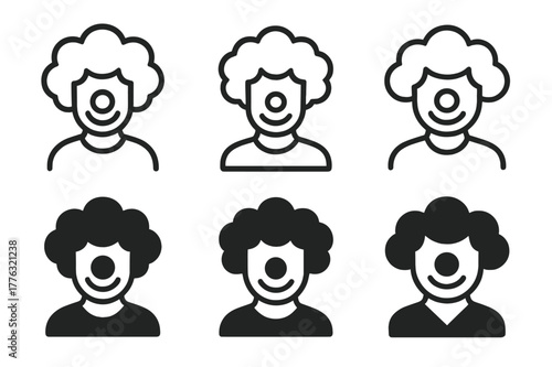 Costume Party Emblem. people wearing funny costumes at a costume party. Set Logo of people wearing funny costumes at a costume party: Clown wig and nose. Icon